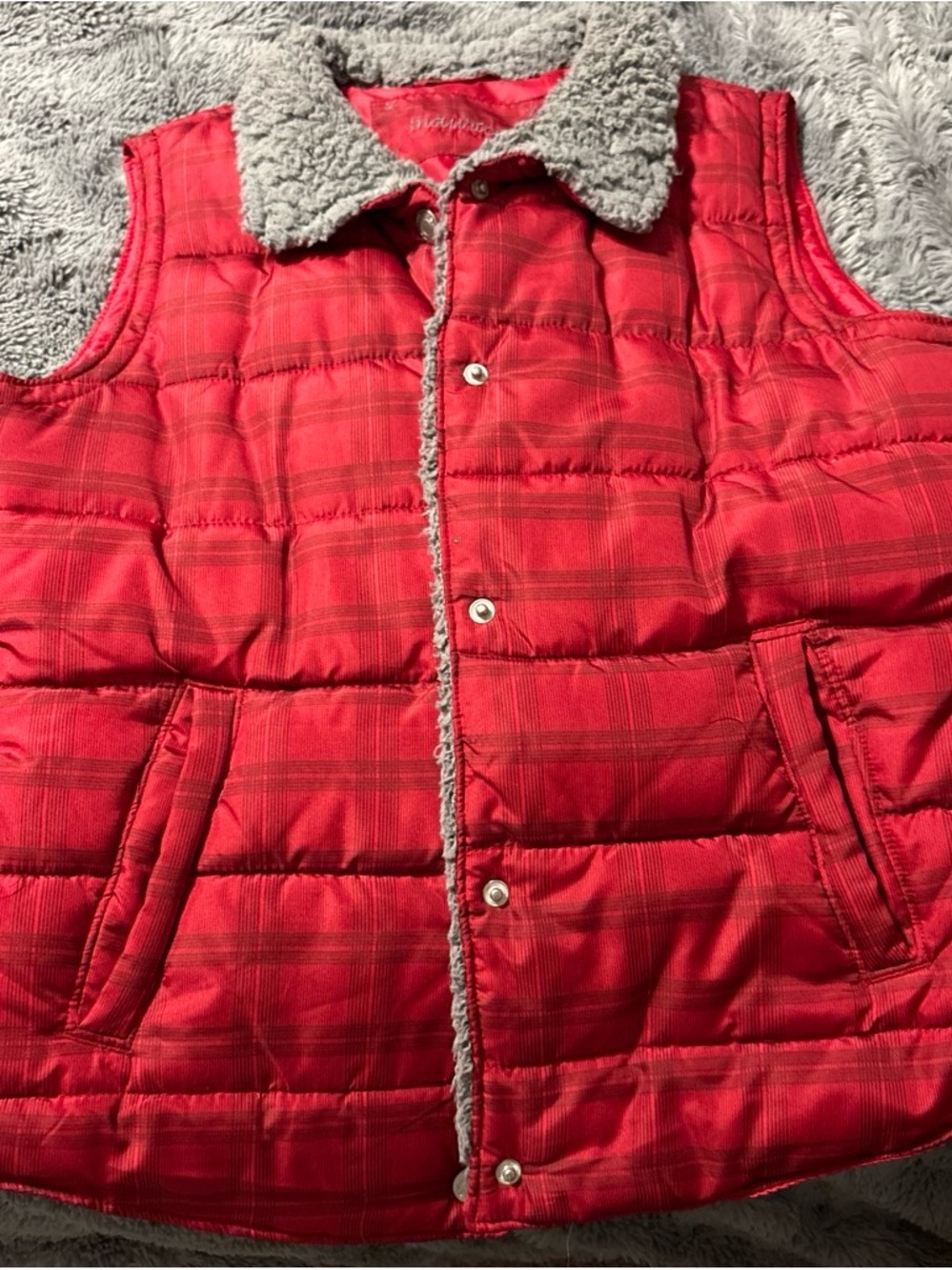 Maurices Red Plaid Puffer Vest with Gray Sherpa Collar